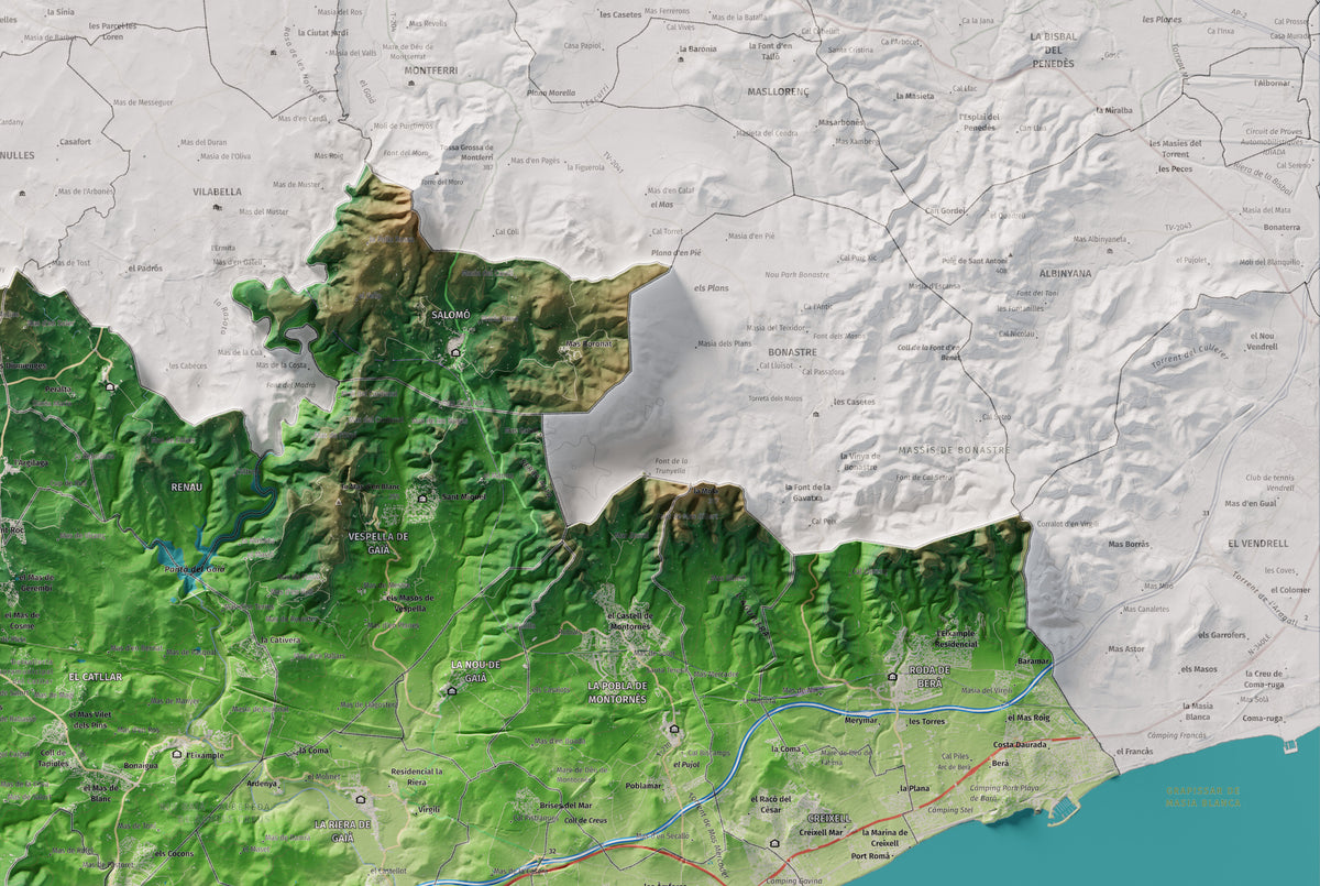 Mapa de relieve del Tarragonès, con el territorio en color y el entorno en blanco. Detalle de la zona superior derecha. 61 × 91 cm. Estilo Clásico.
