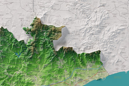 Mapa de relieve del Tarragonès, con el territorio en color y el entorno en blanco. Detalle de la zona superior derecha. 61 × 91 cm. Estilo Clásico.