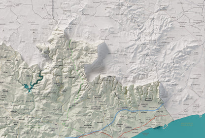 Mapa de relieve del Tarragonès, con el territorio en color y el entorno en blanco. Detalle de la zona superior derecha. 61 × 91 cm. Estilo Cartográfico.