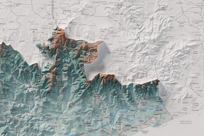 Mapa de relieve del Tarragonès, con el territorio en color y el entorno en blanco. Detalle de la zona superior derecha. 61 × 91 cm. Estilo Azul y naranja.