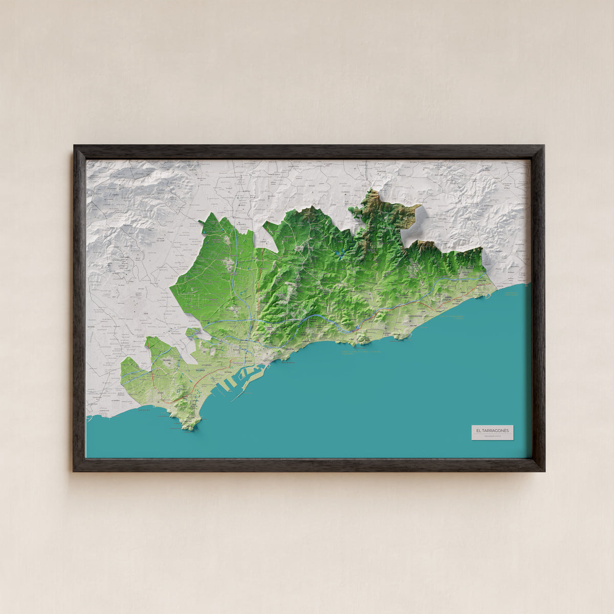Mapa de relieve del Tarragonès, con el territorio en color y el entorno en blanco. Presentación con marco. 61 × 91 cm. Estilo Clásico.