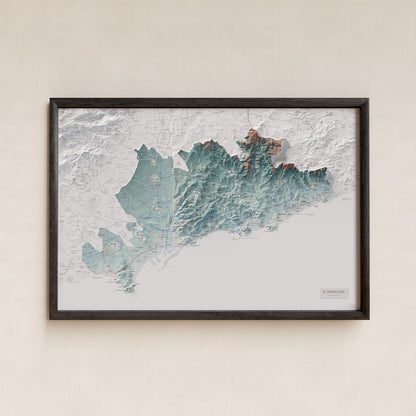 Mapa de relieve del Tarragonès, con el territorio en color y el entorno en blanco. Presentación con marco. 61 × 91 cm. Estilo Azul y naranja.
