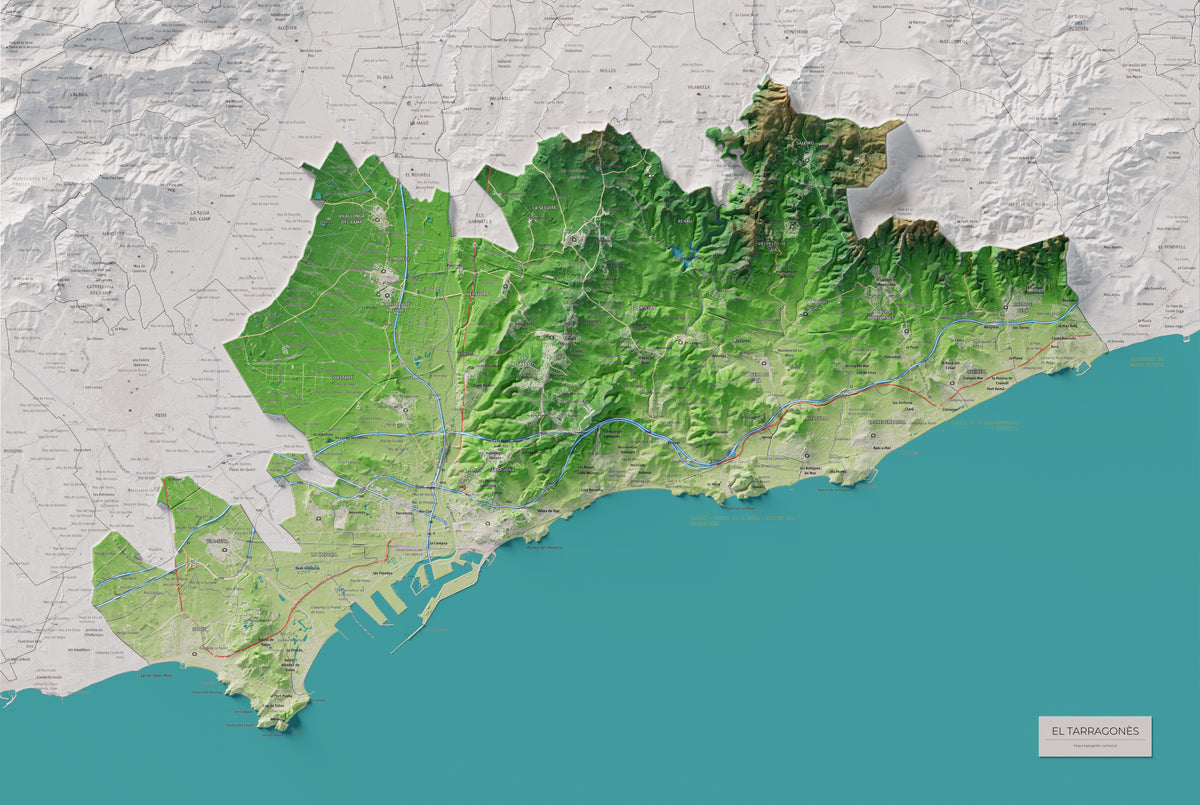 Mapa de relieve del Tarragonès, con el territorio en color y el entorno en blanco. Vista completa de la lámina. 61 × 91 cm. Estilo Clásico.