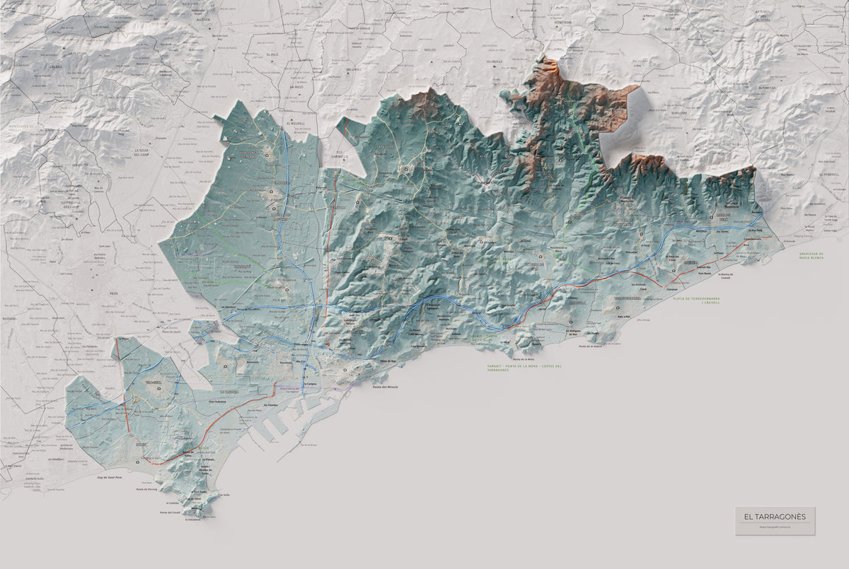 Mapa de relieve del Tarragonès, con el territorio en color y el entorno en blanco. Vista completa de la lámina. 61 × 91 cm. Estilo Azul y naranja.