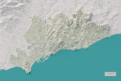 Mapa de relieve del Tarragonès, con el territorio en color y el entorno en blanco. Vista completa de la lámina. 61 × 91 cm. Estilo Cartográfico.