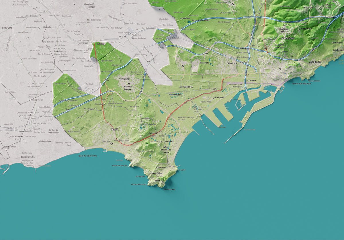 Mapa de relieve del Tarragonès, con el territorio en color y el entorno en blanco. Detalle de la zona inferior izquierda. 70 × 100 cm. Estilo Clásico.