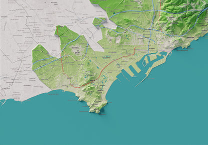 Mapa de relieve del Tarragonès, con el territorio en color y el entorno en blanco. Detalle de la zona inferior izquierda. 70 × 100 cm. Estilo Clásico.