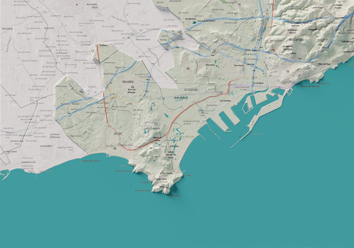 Mapa de relieve del Tarragonès, con el territorio en color y el entorno en blanco. Detalle de la zona inferior izquierda. 70 × 100 cm. Estilo Cartográfico.