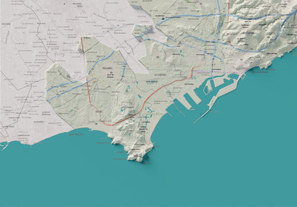 Mapa de relieve del Tarragonès, con el territorio en color y el entorno en blanco. Detalle de la zona inferior izquierda. 70 × 100 cm. Estilo Cartográfico.