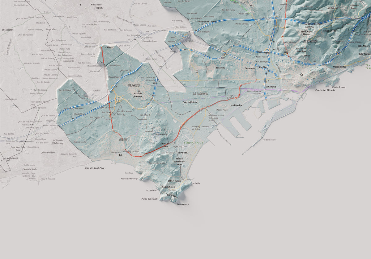 Mapa de relieve del Tarragonès, con el territorio en color y el entorno en blanco. Detalle de la zona inferior izquierda. 70 × 100 cm. Estilo Azul y naranja.