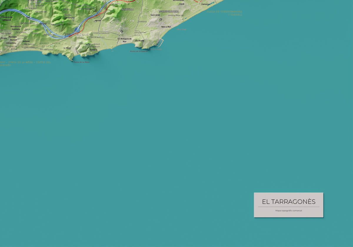 Mapa de relieve del Tarragonès, con el territorio en color y el entorno en blanco. Detalle de la zona inferior derecha. 70 × 100 cm. Estilo Clásico.