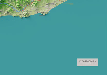 Mapa de relieve del Tarragonès, con el territorio en color y el entorno en blanco. Detalle de la zona inferior derecha. 70 × 100 cm. Estilo Clásico.