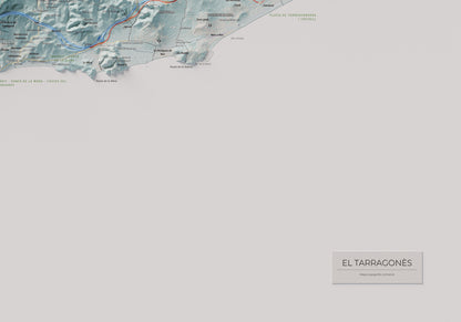 Mapa de relieve del Tarragonès, con el territorio en color y el entorno en blanco. Detalle de la zona inferior derecha. 70 × 100 cm. Estilo Azul y naranja.