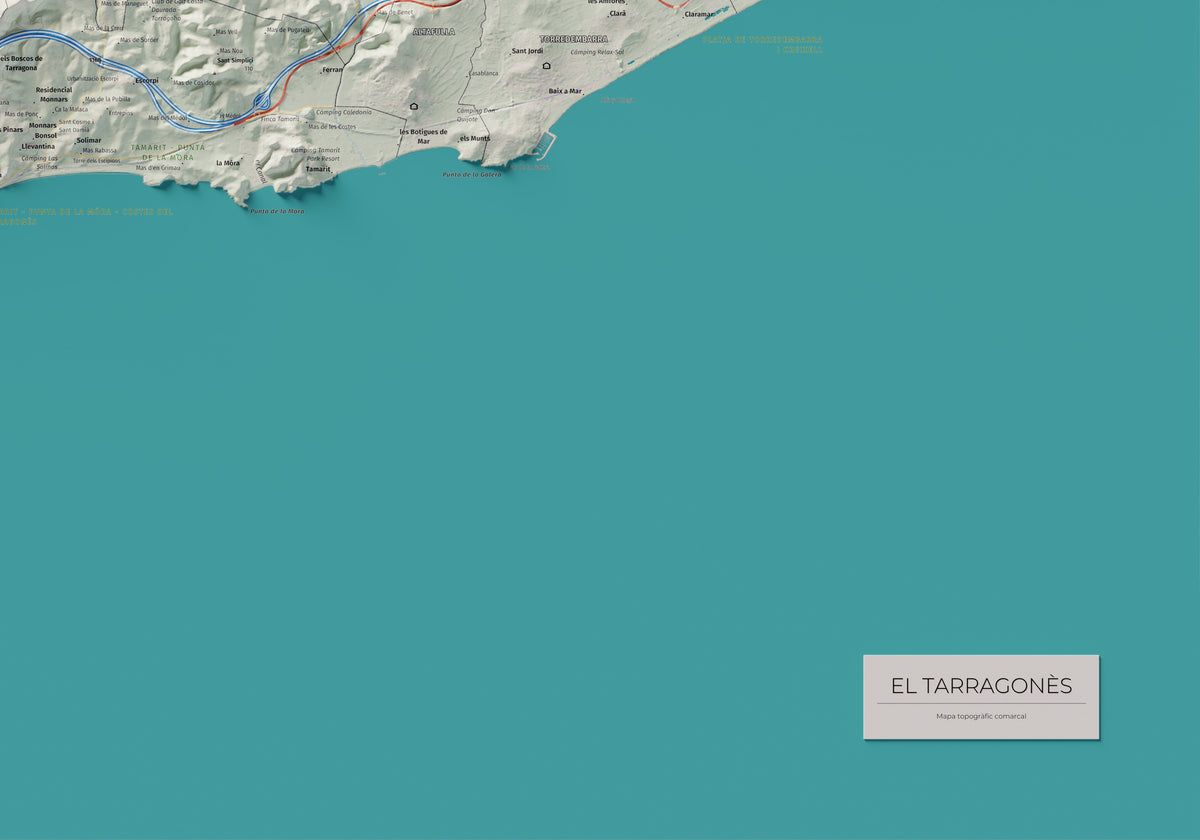 Mapa de relieve del Tarragonès, con el territorio en color y el entorno en blanco. Detalle de la zona inferior derecha. 70 × 100 cm. Estilo Cartográfico.