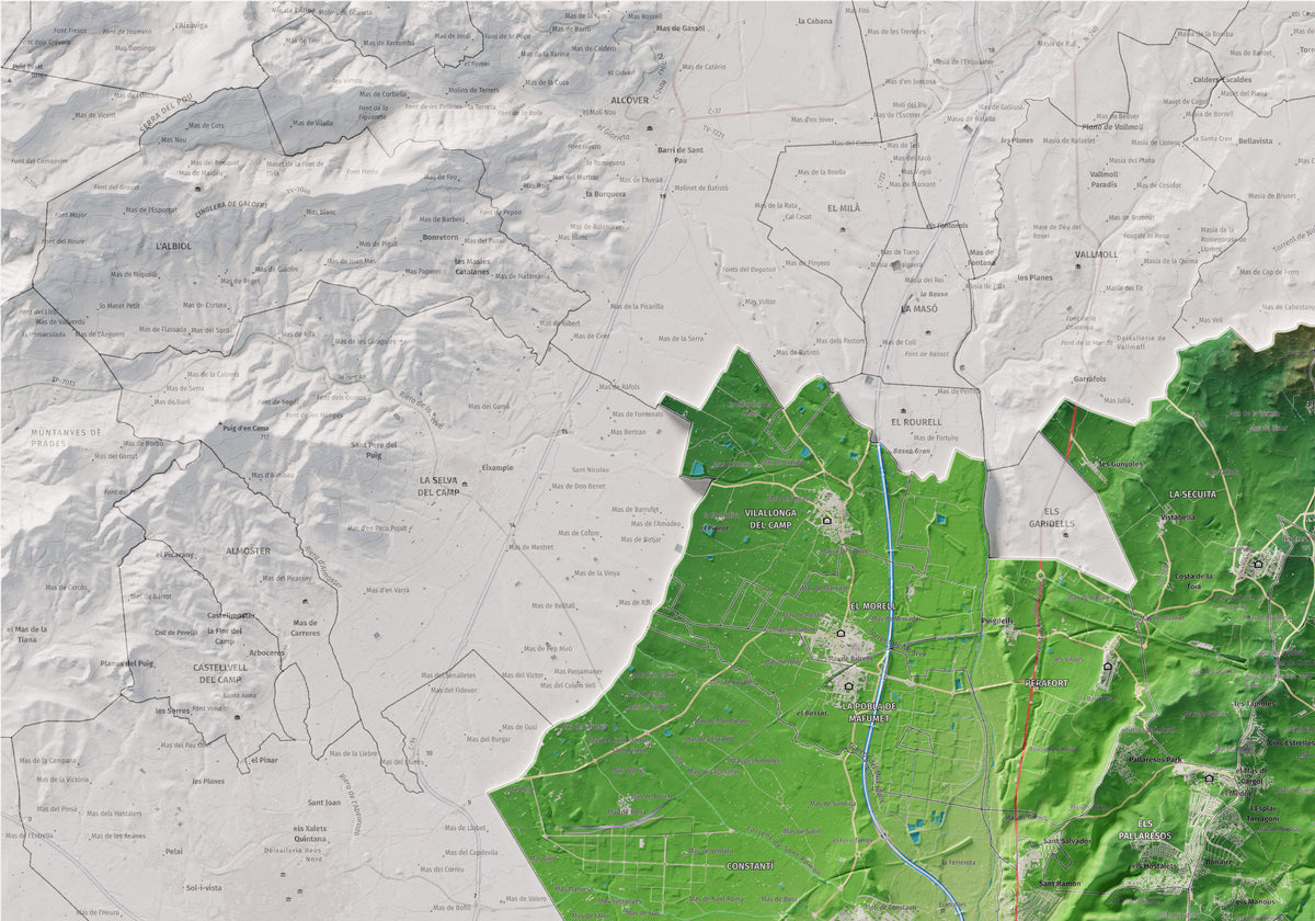 Mapa de relieve del Tarragonès, con el territorio en color y el entorno en blanco. Detalle de la zona superior izquierda. 70 × 100 cm. Estilo Clásico.