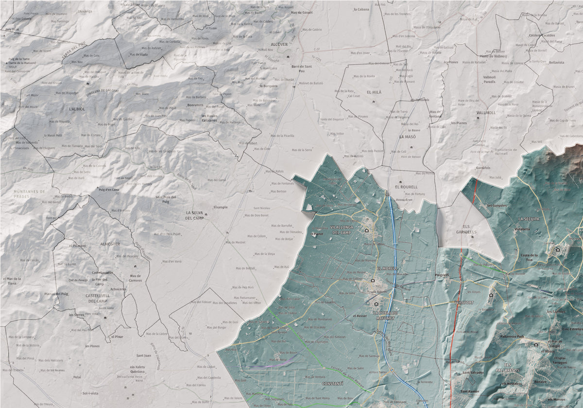Mapa de relieve del Tarragonès, con el territorio en color y el entorno en blanco. Detalle de la zona superior izquierda. 70 × 100 cm. Estilo Azul y naranja.