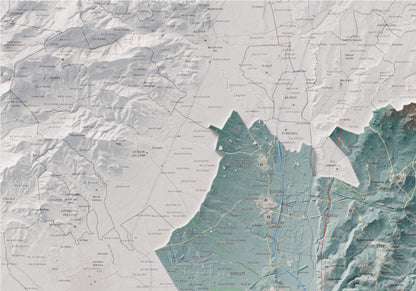 Mapa de relieve del Tarragonès, con el territorio en color y el entorno en blanco. Detalle de la zona superior izquierda. 70 × 100 cm. Estilo Azul y naranja.