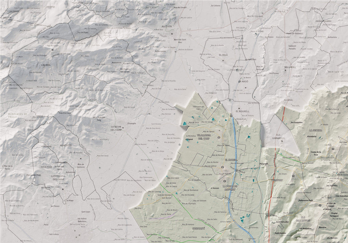 Mapa de relieve del Tarragonès, con el territorio en color y el entorno en blanco. Detalle de la zona superior izquierda. 70 × 100 cm. Estilo Cartográfico.