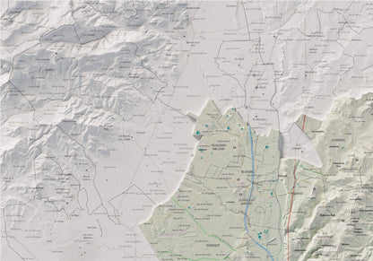 Mapa de relieve del Tarragonès, con el territorio en color y el entorno en blanco. Detalle de la zona superior izquierda. 70 × 100 cm. Estilo Cartográfico.