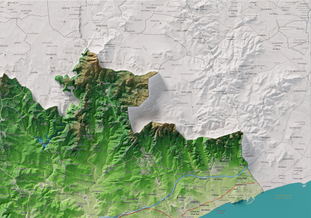 Mapa de relieve del Tarragonès, con el territorio en color y el entorno en blanco. Detalle de la zona superior derecha. 70 × 100 cm. Estilo Clásico.