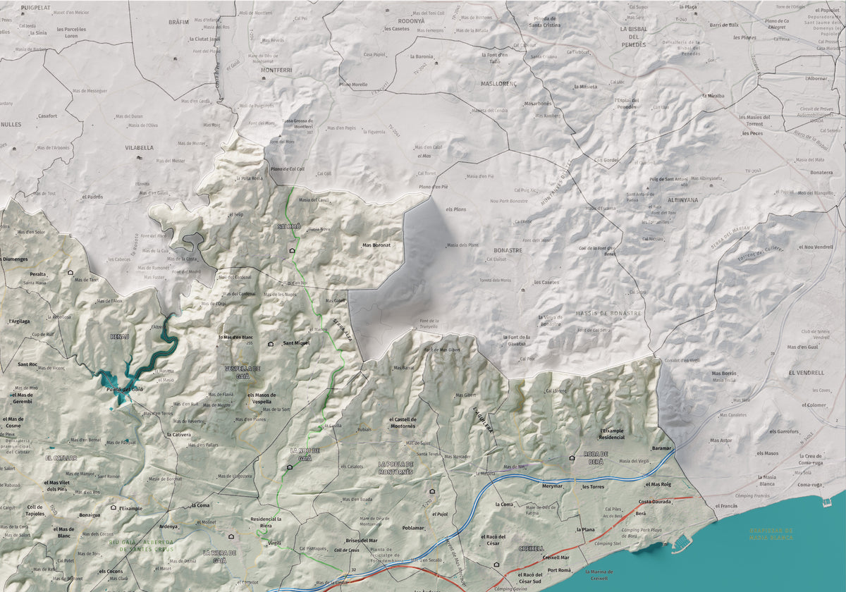 Mapa de relieve del Tarragonès, con el territorio en color y el entorno en blanco. Detalle de la zona superior derecha. 70 × 100 cm. Estilo Cartográfico.