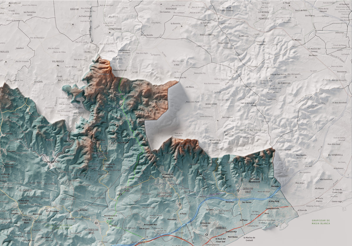 Mapa de relieve del Tarragonès, con el territorio en color y el entorno en blanco. Detalle de la zona superior derecha. 70 × 100 cm. Estilo Azul y naranja.