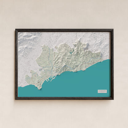Mapa de relieve del Tarragonès, con el territorio en color y el entorno en blanco. Presentación con marco. 70 × 100 cm. Estilo Cartográfico.