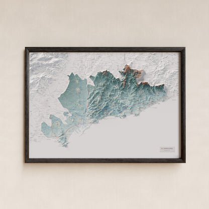 Mapa de relieve del Tarragonès, con el territorio en color y el entorno en blanco. Presentación con marco. 70 × 100 cm. Estilo Azul y naranja.