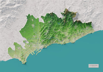 Mapa de relieve del Tarragonès, con el territorio en color y el entorno en blanco. Vista completa de la lámina. 70 × 100 cm. Estilo Clásico.