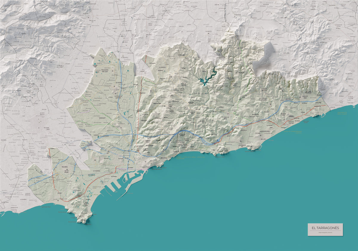 Mapa de relieve del Tarragonès, con el territorio en color y el entorno en blanco. Vista completa de la lámina. 70 × 100 cm. Estilo Cartográfico.