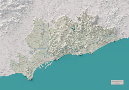 Mapa de relieve del Tarragonès, con el territorio en color y el entorno en blanco. Vista completa de la lámina. 70 × 100 cm. Estilo Cartográfico.