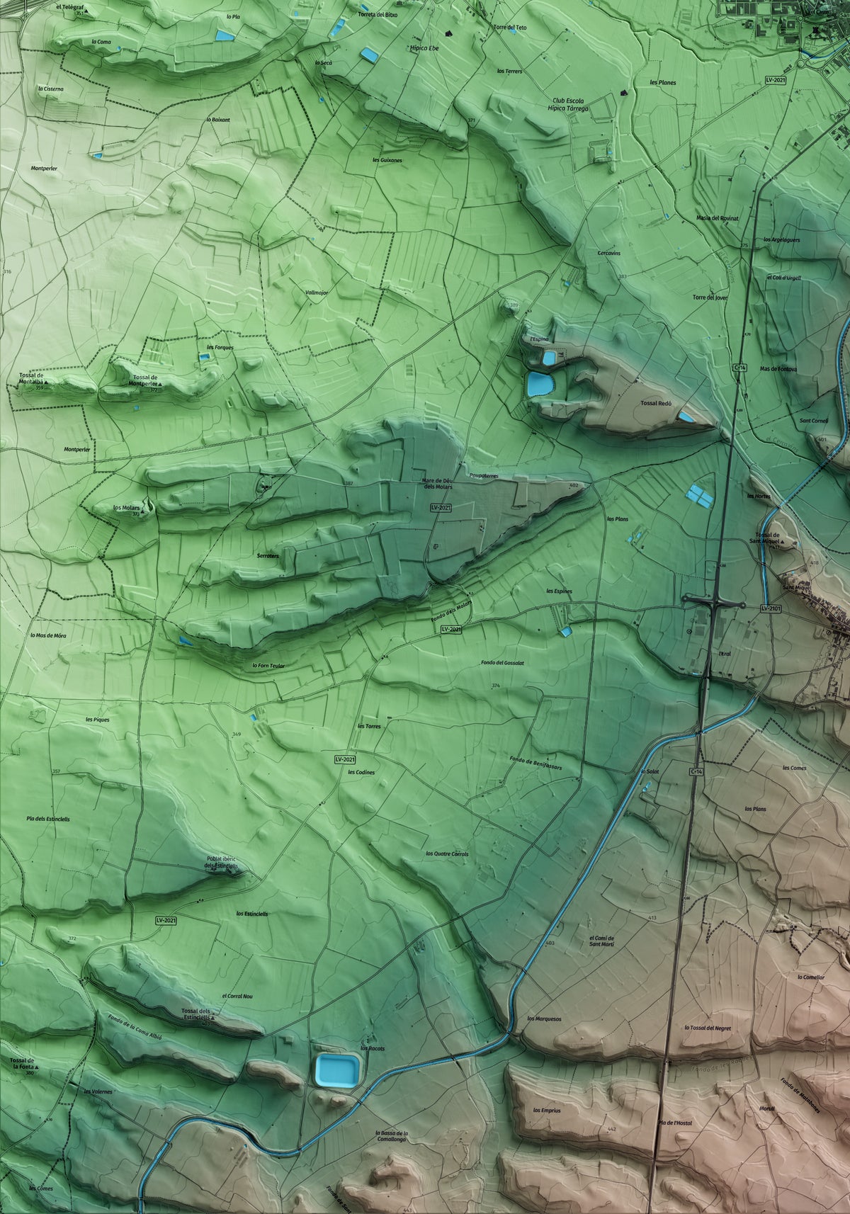 Mapa artístico del relieve de Tàrrega, al Urgell, con 15 km de entorno y base topográfica ICGC. Detalle de la zona inferior izquierda.