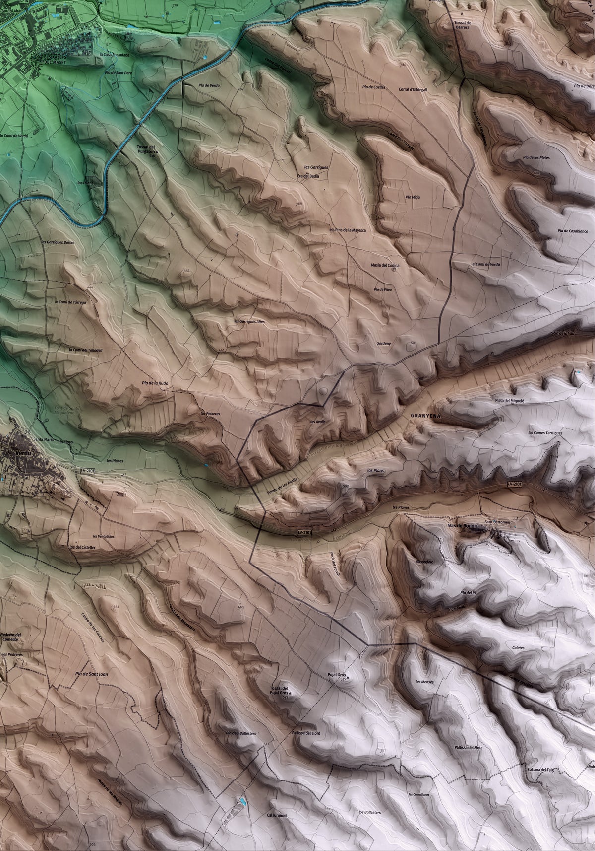 Mapa artístico del relieve de Tàrrega, al Urgell, con 15 km de entorno y base topográfica ICGC. Detalle de la zona inferior derecha.