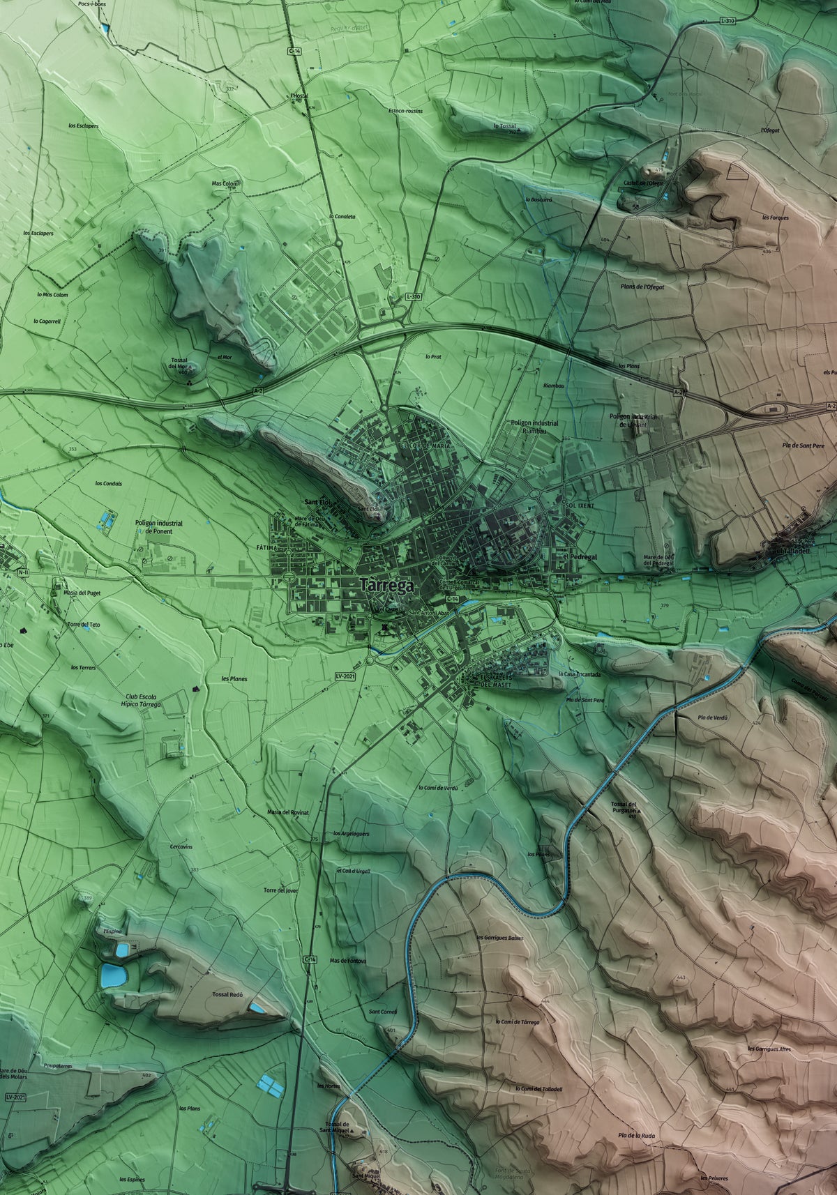 Mapa artístico del relieve de Tàrrega, al Urgell, con 15 km de entorno y base topográfica ICGC. Detalle de la zona central.
