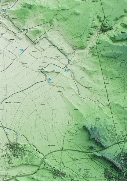 Mapa artístico del relieve de Tàrrega, al Urgell, con 15 km de entorno y base topográfica ICGC. Detalle de la zona superior izquierda.