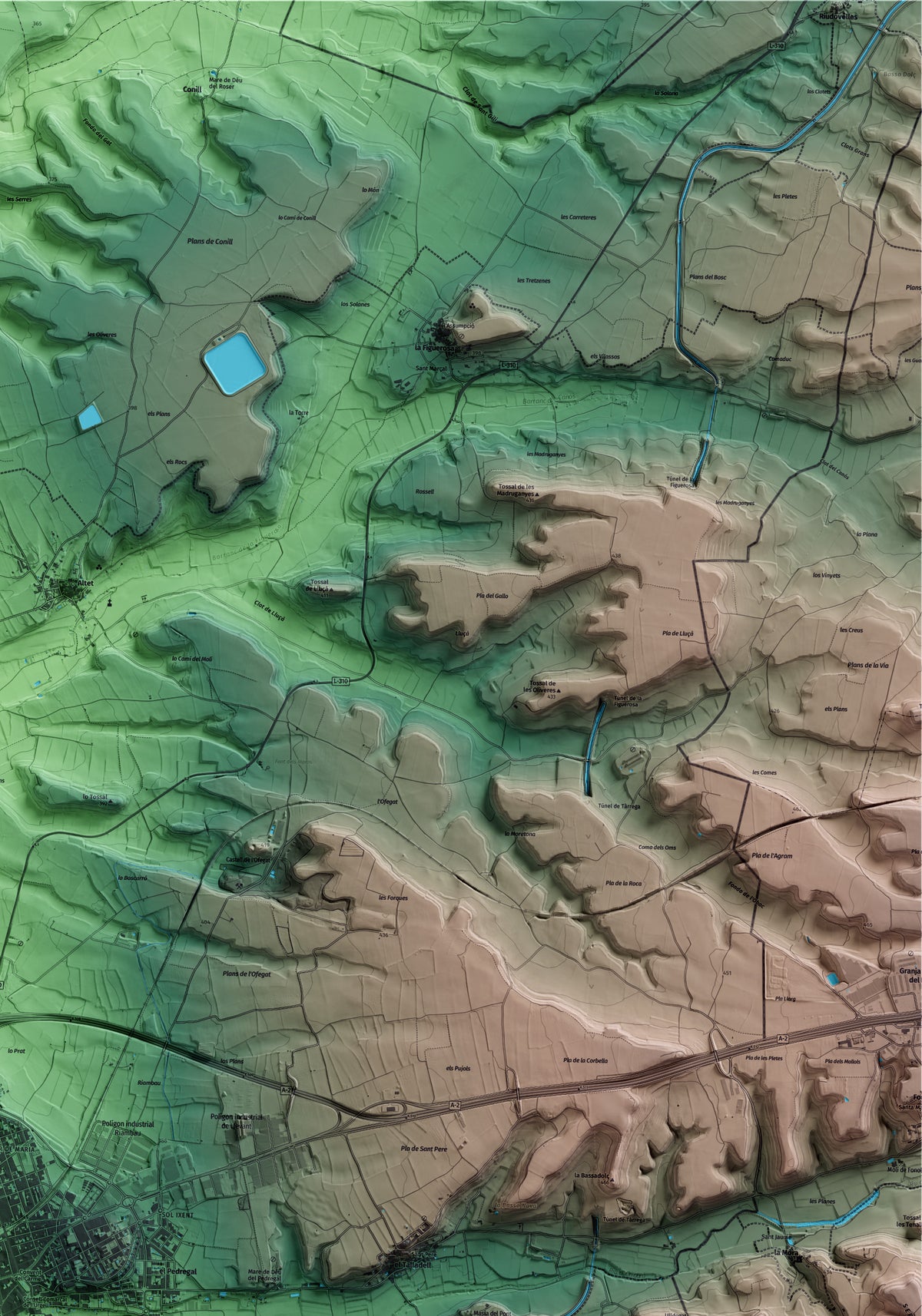 Mapa artístico del relieve de Tàrrega, al Urgell, con 15 km de entorno y base topográfica ICGC. Detalle de la zona superior derecha.
