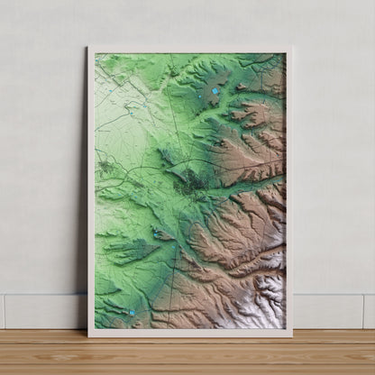 Mapa artístico del relieve de Tàrrega, al Urgell, con 15 km de entorno y base topográfica ICGC. Presentación enmarcada.