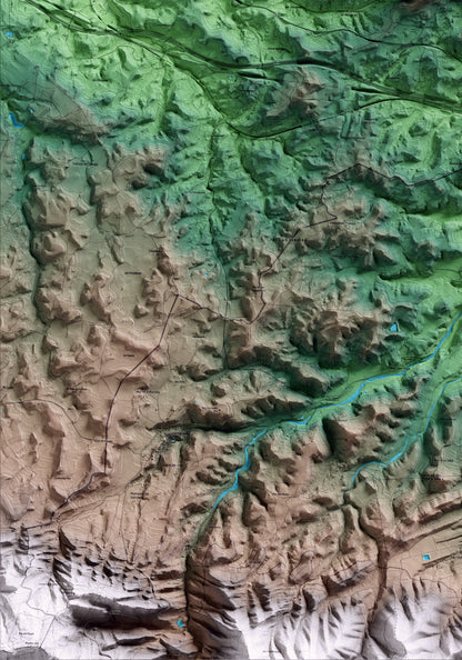Mapa artístico del relieve de Tarrés, a las Garrigues, con 15 km de entorno y base topográfica ICGC. Detalle de la zona inferior izquierda.