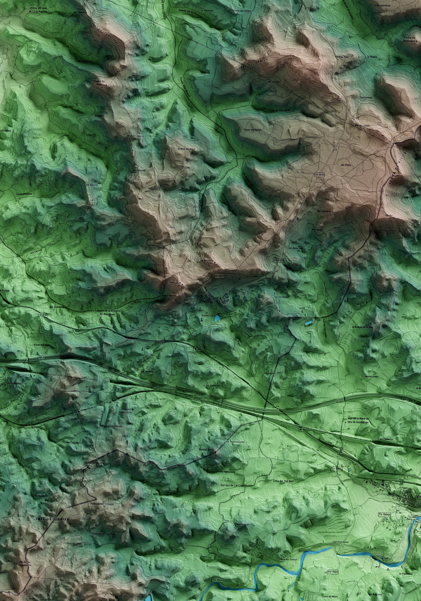 Mapa artístico del relieve de Tarrés, a las Garrigues, con 15 km de entorno y base topográfica ICGC. Detalle de la zona central.