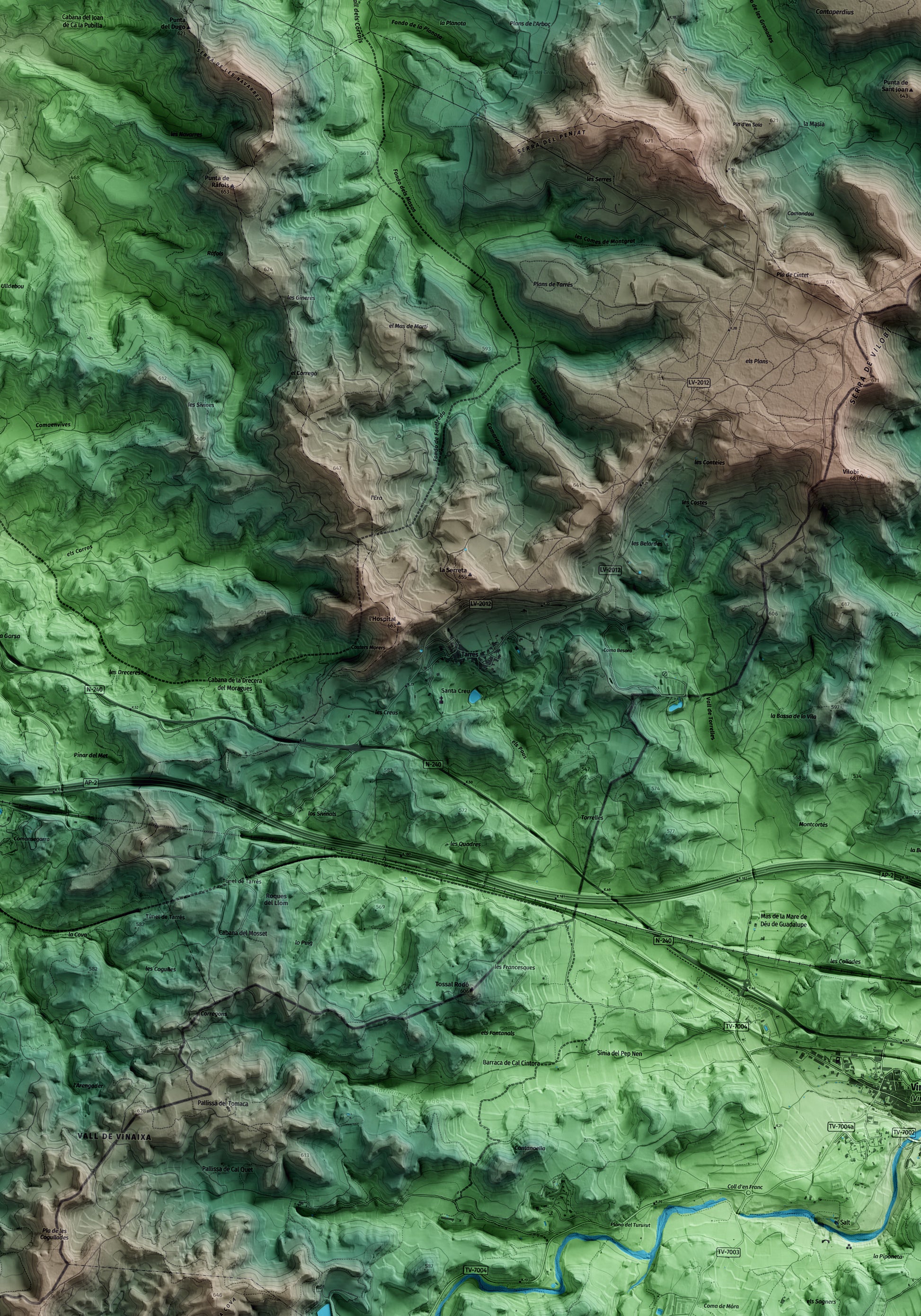Mapa artístico del relieve de Tarrés, a las Garrigues, con 15 km de entorno y base topográfica ICGC. Detalle de la zona central.