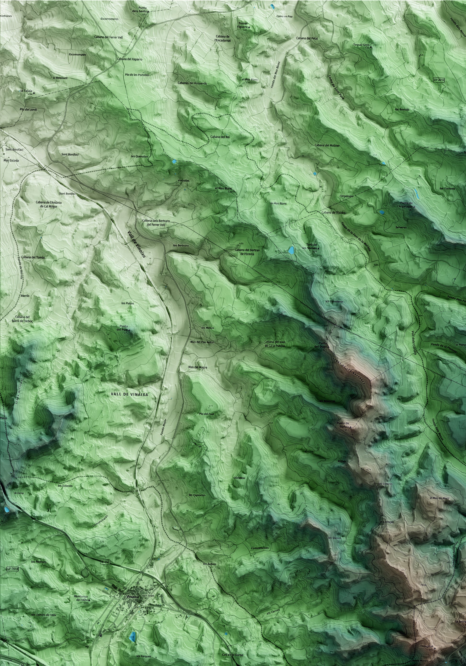 Mapa artístico del relieve de Tarrés, a las Garrigues, con 15 km de entorno y base topográfica ICGC. Detalle de la zona superior izquierda.