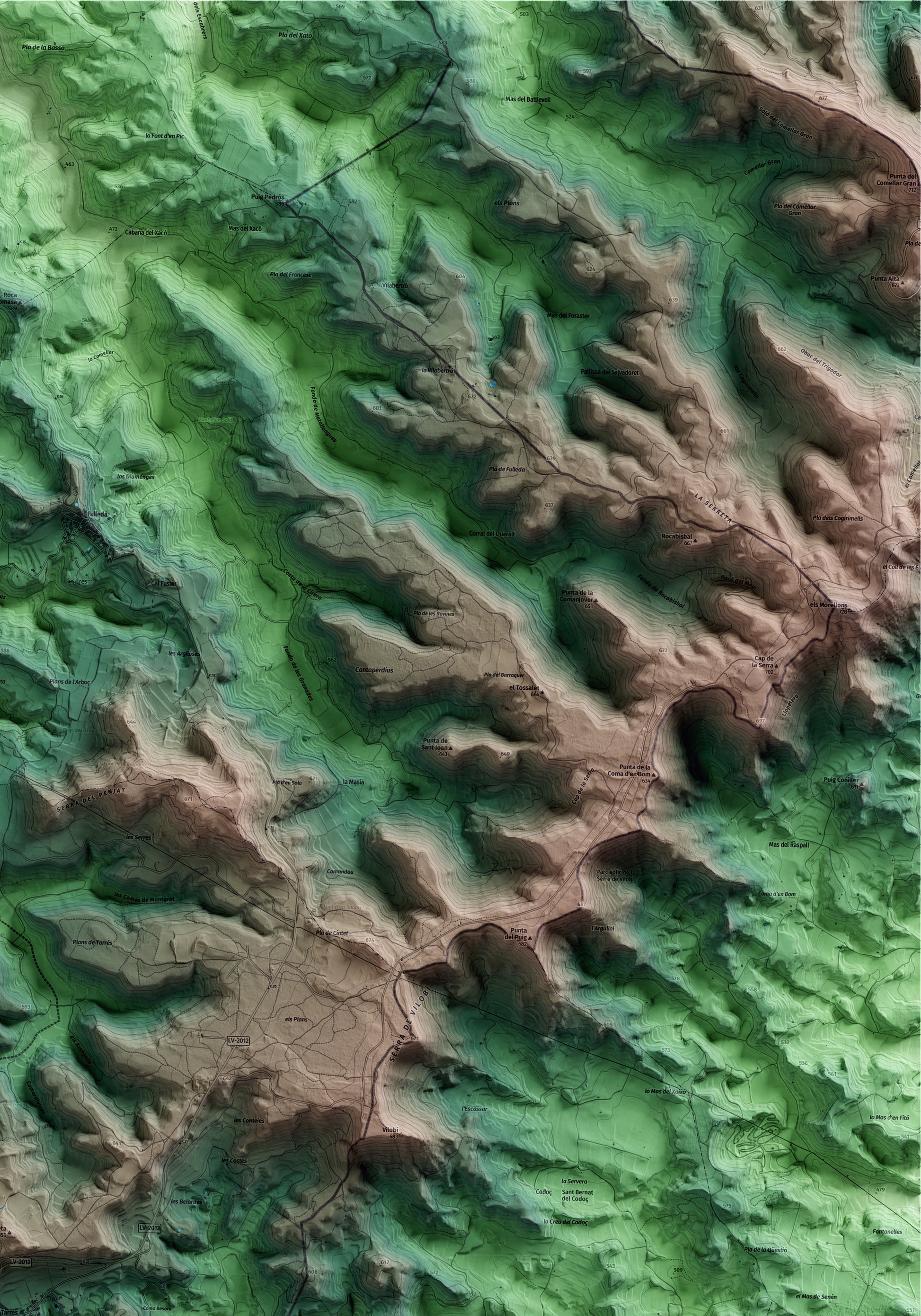 Mapa artístico del relieve de Tarrés, a las Garrigues, con 15 km de entorno y base topográfica ICGC. Detalle de la zona superior derecha.