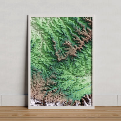 Mapa artístico del relieve de Tarrés, a las Garrigues, con 15 km de entorno y base topográfica ICGC. Presentación enmarcada.