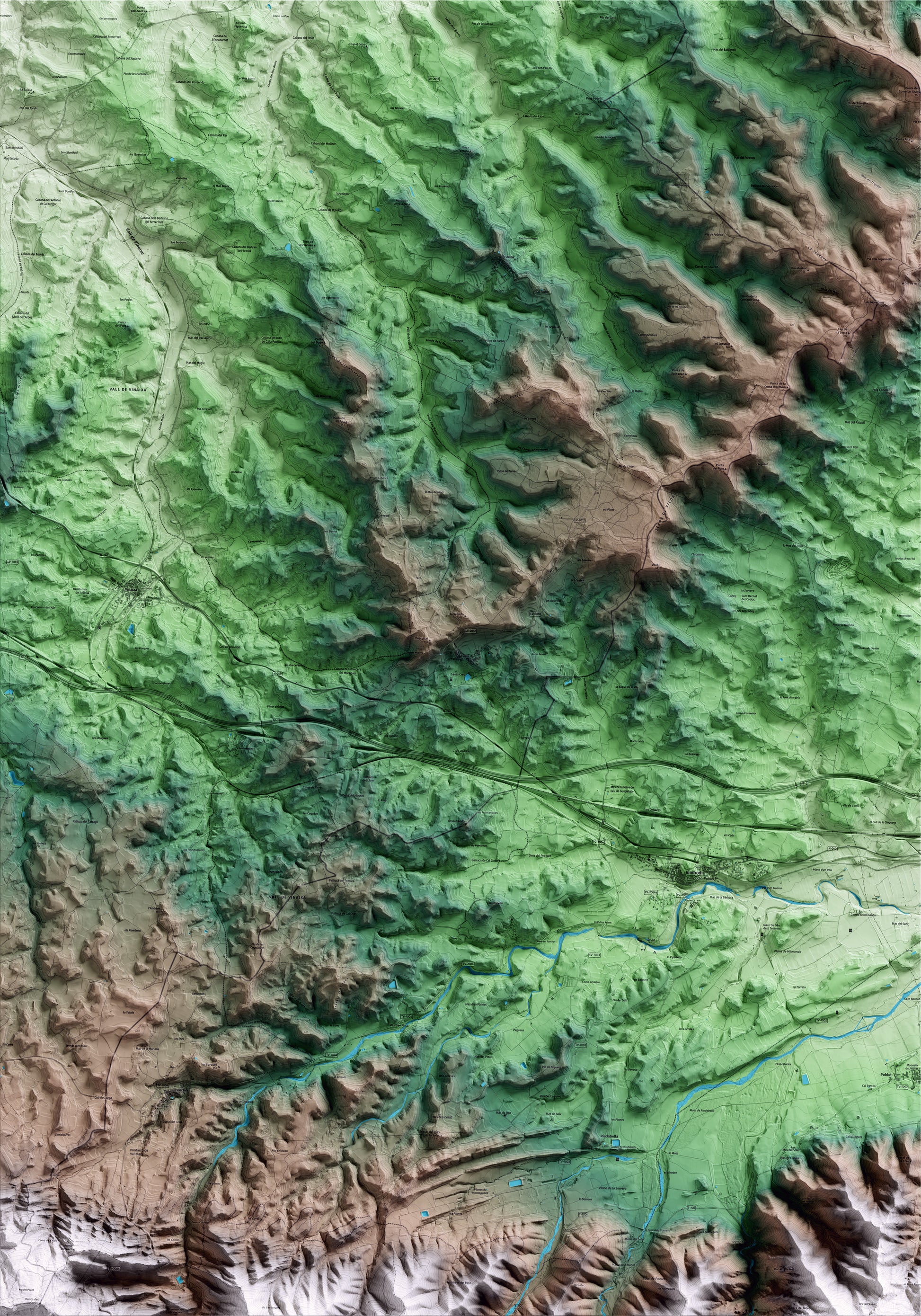 Mapa artístico del relieve de Tarrés, a las Garrigues, con 15 km de entorno y base topográfica ICGC