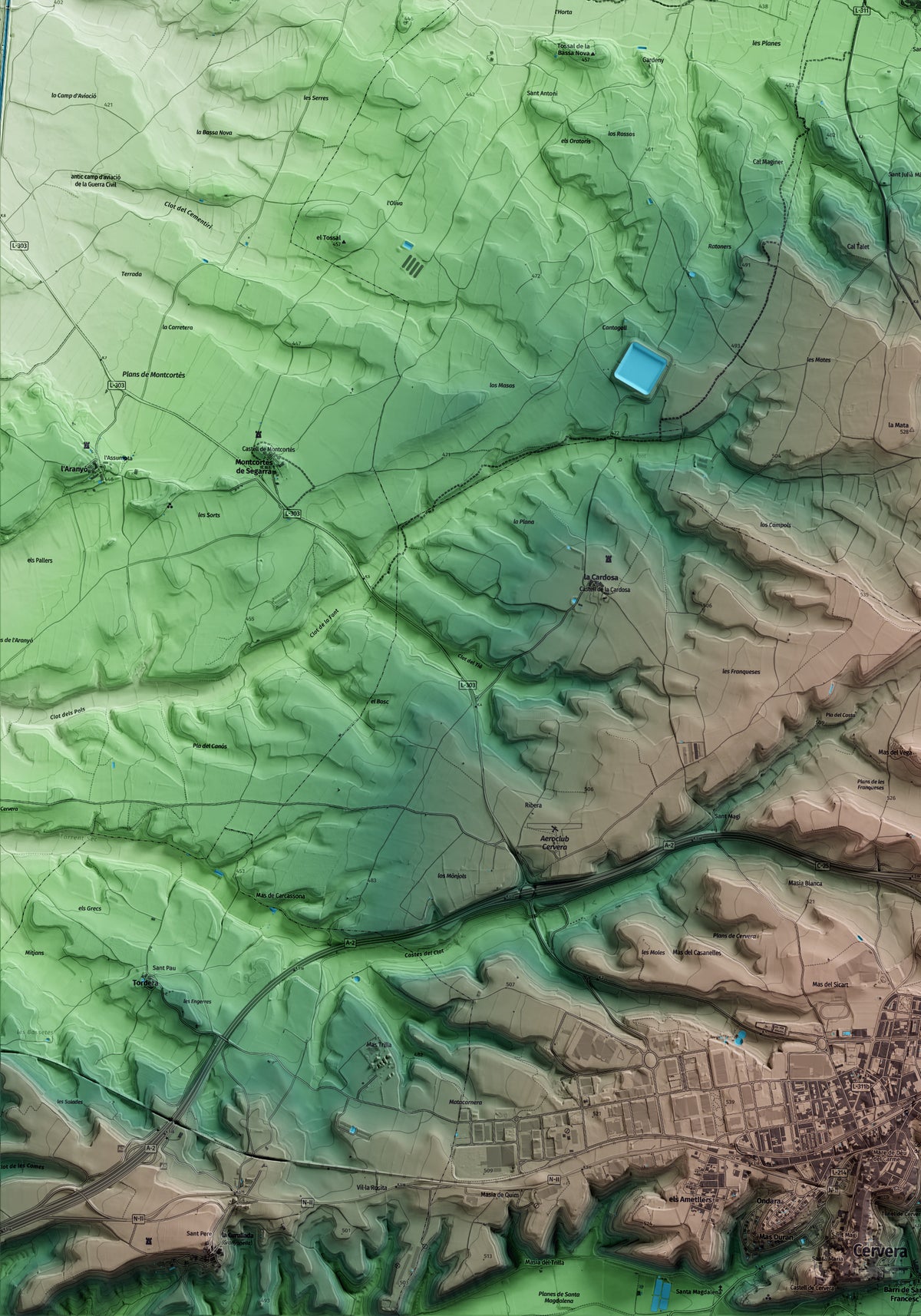 Mapa artístico del relieve de Tarroja de Segarra, a la Segarra, con 15 km de entorno y base topográfica ICGC. Detalle de la zona inferior izquierda.