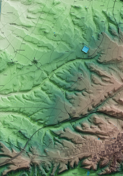 Mapa artístico del relieve de Tarroja de Segarra, a la Segarra, con 15 km de entorno y base topográfica ICGC. Detalle de la zona inferior izquierda.