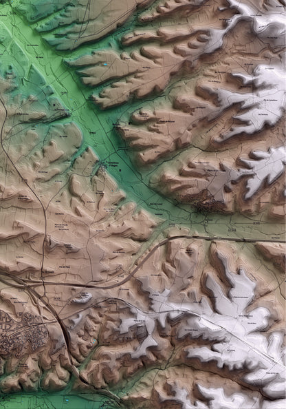 Mapa artístico del relieve de Tarroja de Segarra, a la Segarra, con 15 km de entorno y base topográfica ICGC. Detalle de la zona inferior derecha.