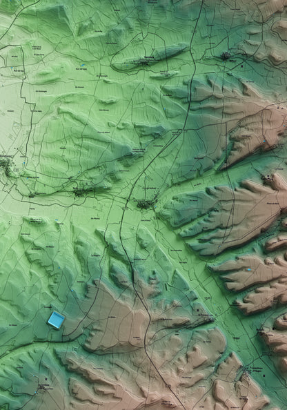 Mapa artístico del relieve de Tarroja de Segarra, a la Segarra, con 15 km de entorno y base topográfica ICGC. Detalle de la zona central.