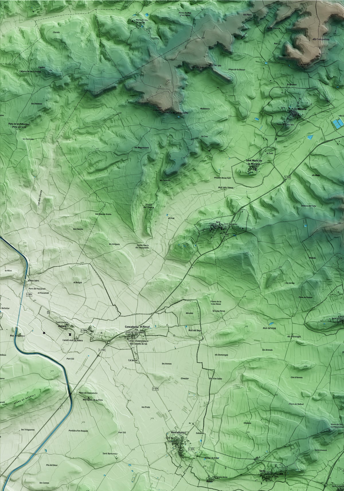 Mapa artístico del relieve de Tarroja de Segarra, a la Segarra, con 15 km de entorno y base topográfica ICGC. Detalle de la zona superior izquierda.