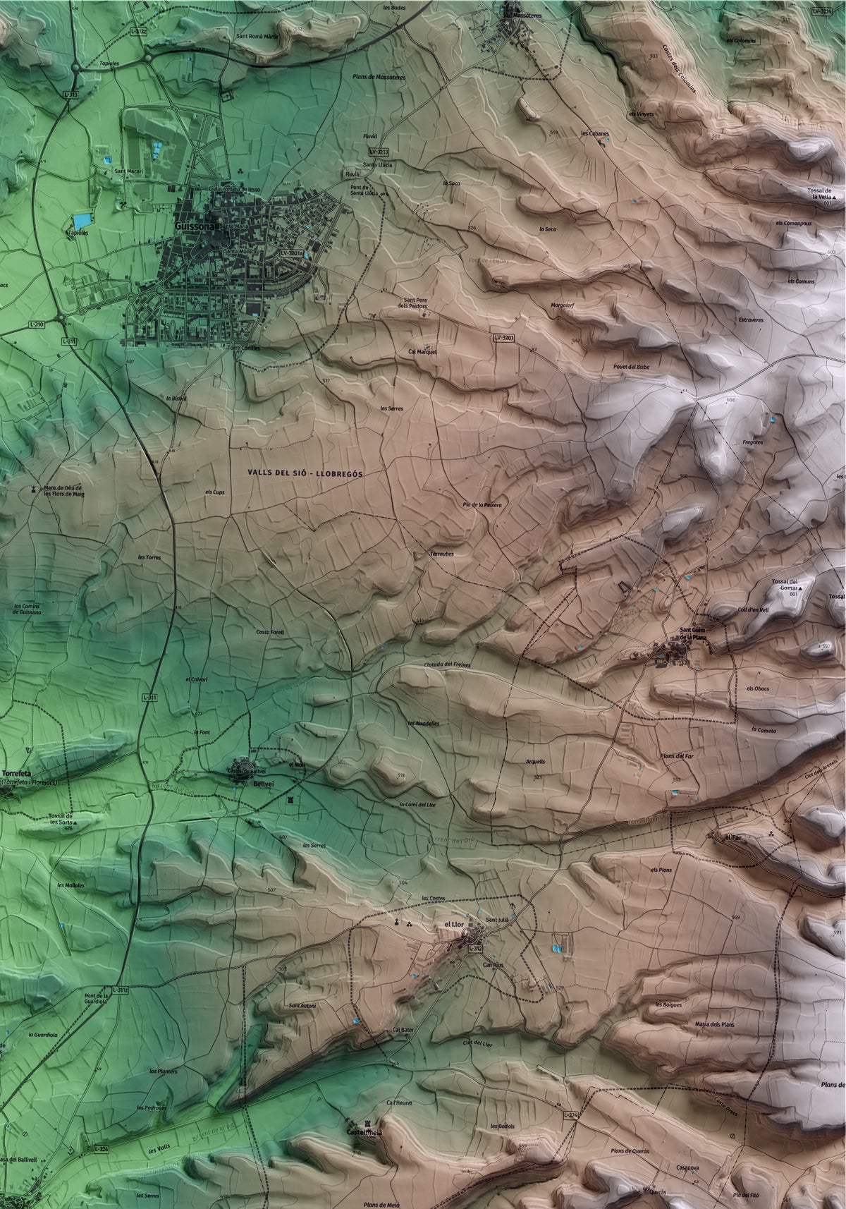 Mapa artístico del relieve de Tarroja de Segarra, a la Segarra, con 15 km de entorno y base topográfica ICGC. Detalle de la zona superior derecha.